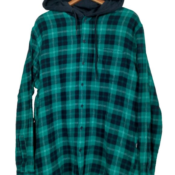 Vintage 1990s Oakley Shirt XL Teal Black Flannel Hooded Skater Long Skate Retro - Picture 2 of 16